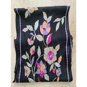 Sacha Vintage Sheer Black Floral Scarf Long Oblong Purple Pink Gold Metallic